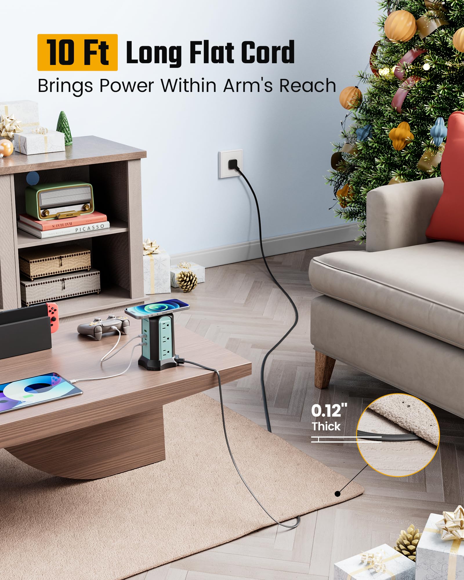 Surge Protector Tower with Wireless Charger – 9 AC Outlets, 4 USB Ports & 10Ft Extension Cord