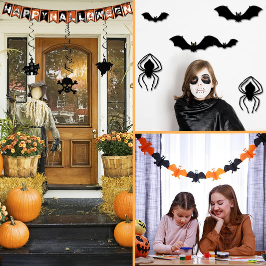 Halloween Party Decoration Kit – Complete Hanging Swirls & Banner Set with Bats, Ghosts & Pumpkins