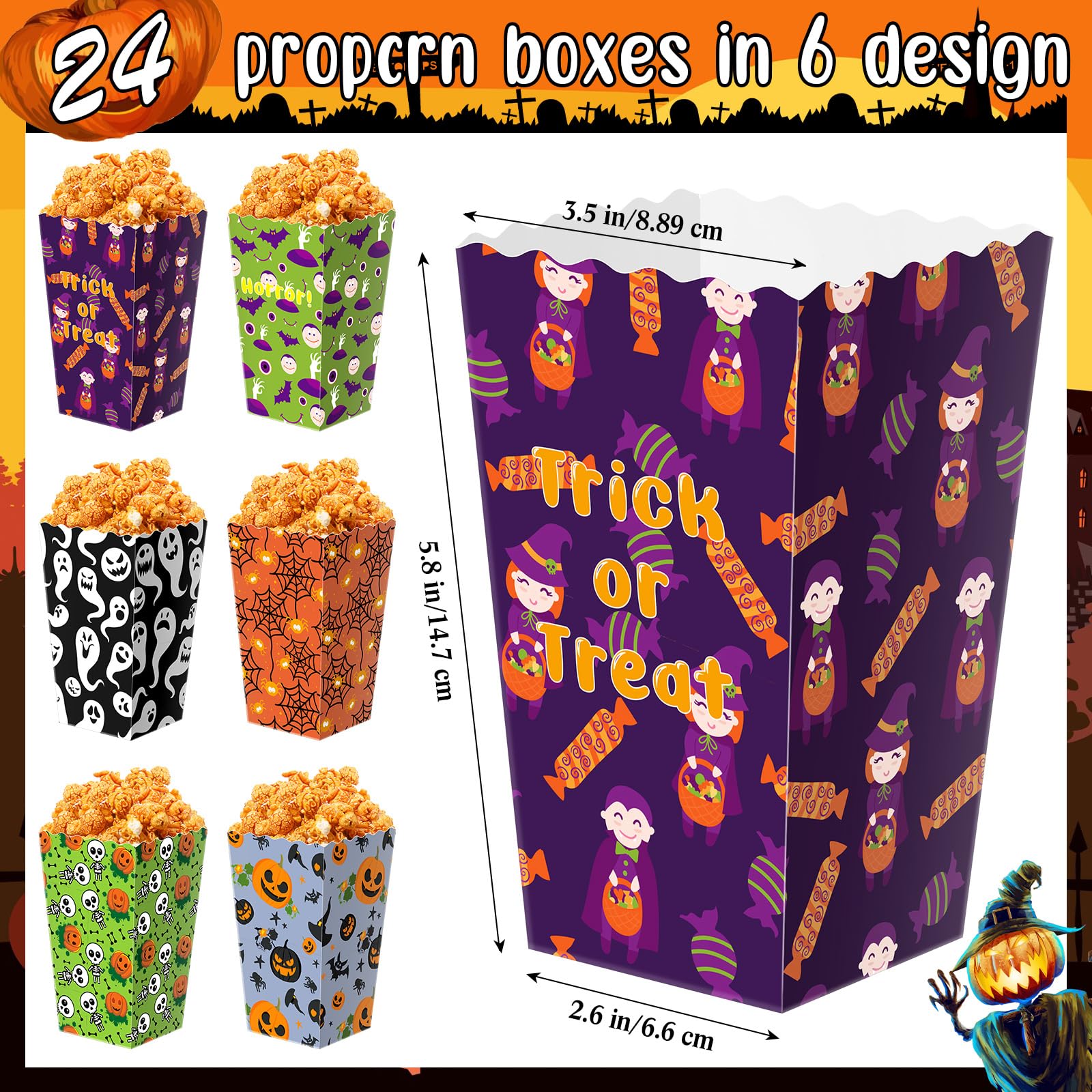 Roshtia 24 Pcs Halloween Theme Party Popcorn Favor Boxes in 6 Designs Snack Treat Box Candy Cookie Container Event Party Favor Supplies, Halloween Snacks(Figure)
