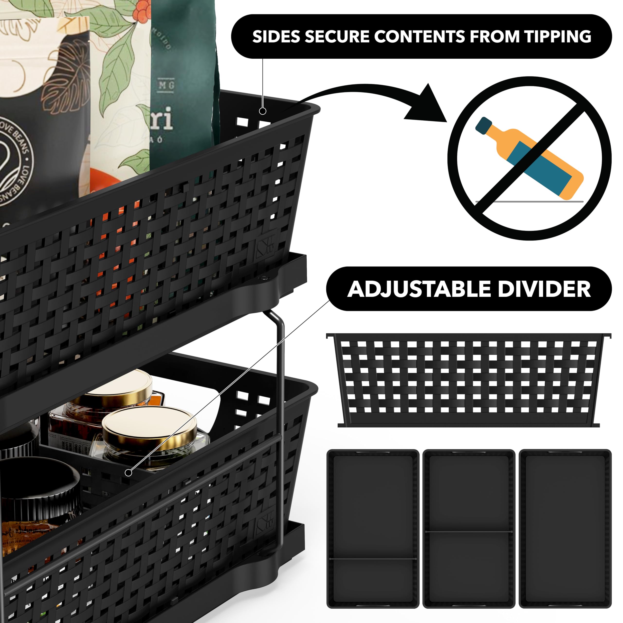 2-Tier Pull-Out Under Sink Organizer – Black Sliding Drawer Storage for Bathroom & Cabinets
