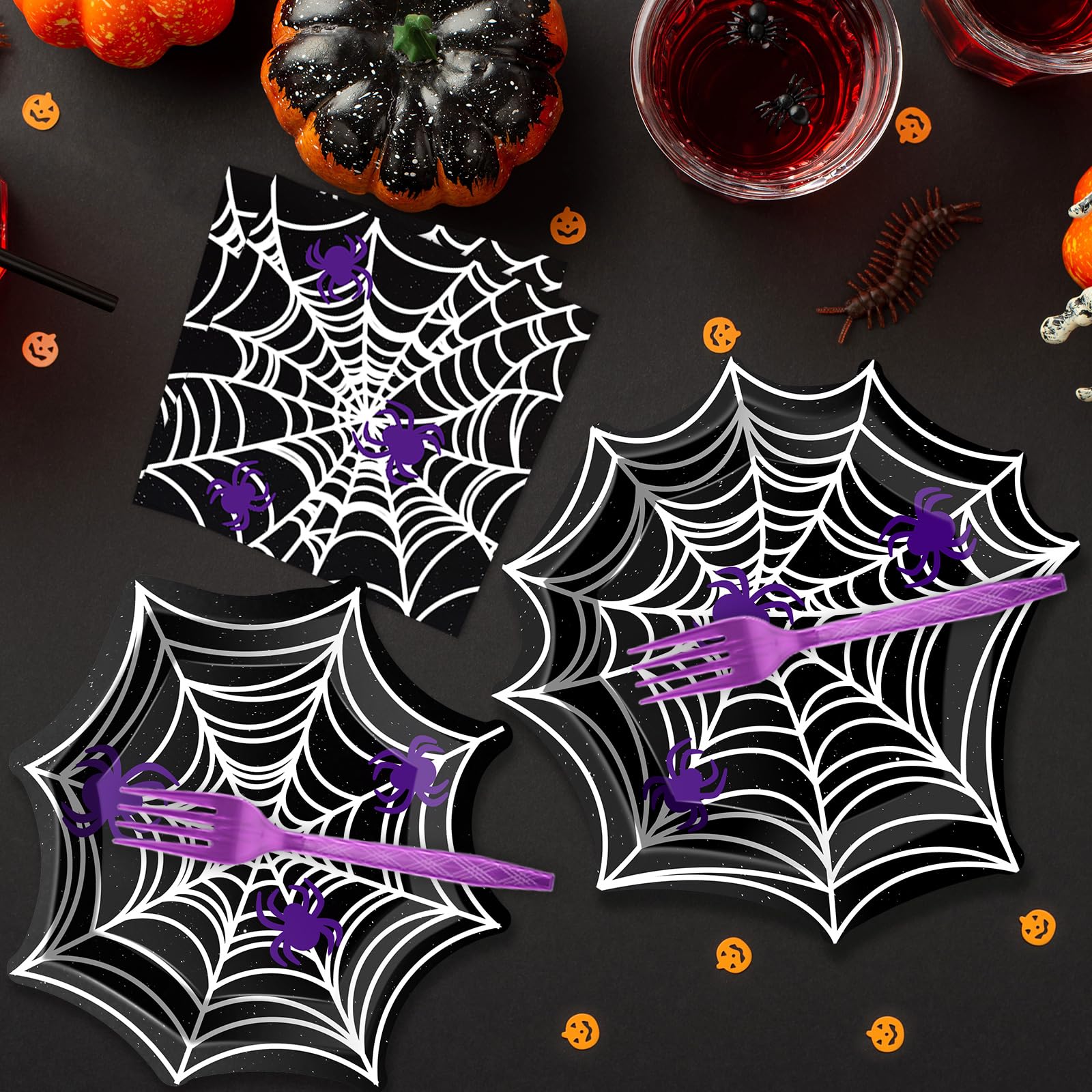 Halloween Spider Web Party Tableware Set – 96 Pcs Disposable Plates, Napkins & Forks for 24 Guests
