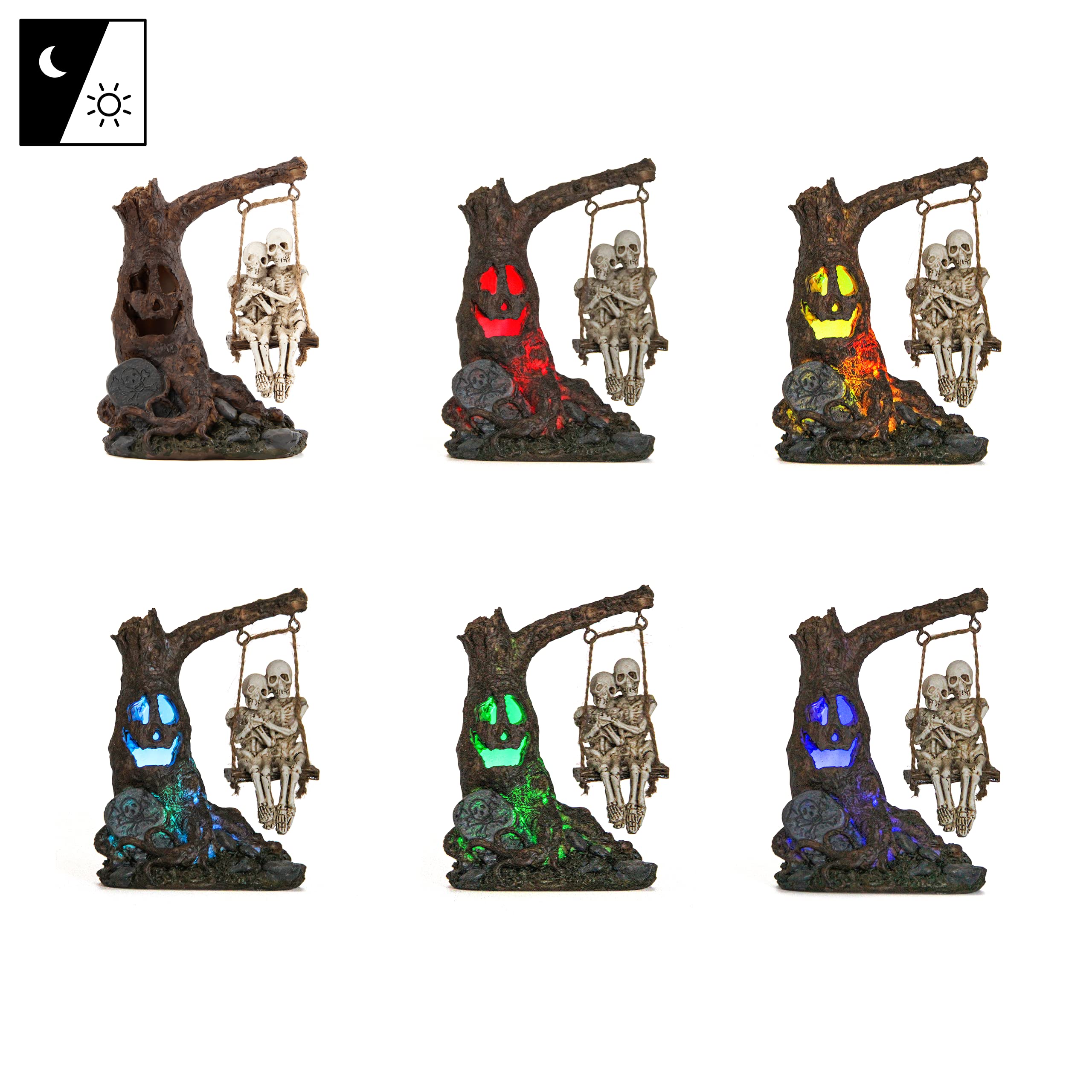 LED Skeleton Couple on Tree Swing – Lighted Halloween Statue with Color-Changing Timer (Multicolor, 5.5 in)