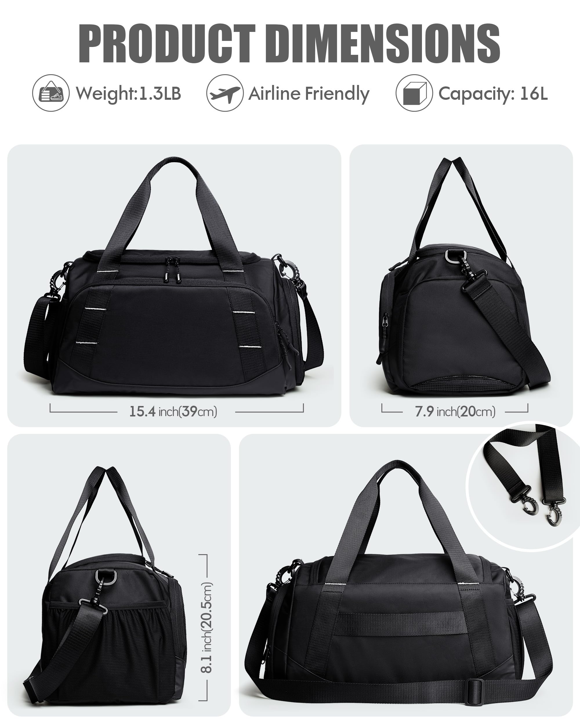 PROKVA Small Gym Duffle Bag 16L – Compact Carry-On Weekender with Shoe Compartment & Wet/Dry Pocket (Black)