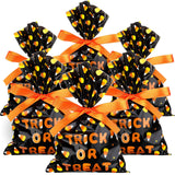 🎁 100 Pack Candy Corn Cello Bags with Ribbon – Halloween & Holiday Treat Bags (9x6 Inches, Includes 22-Yard Ribbon Roll)