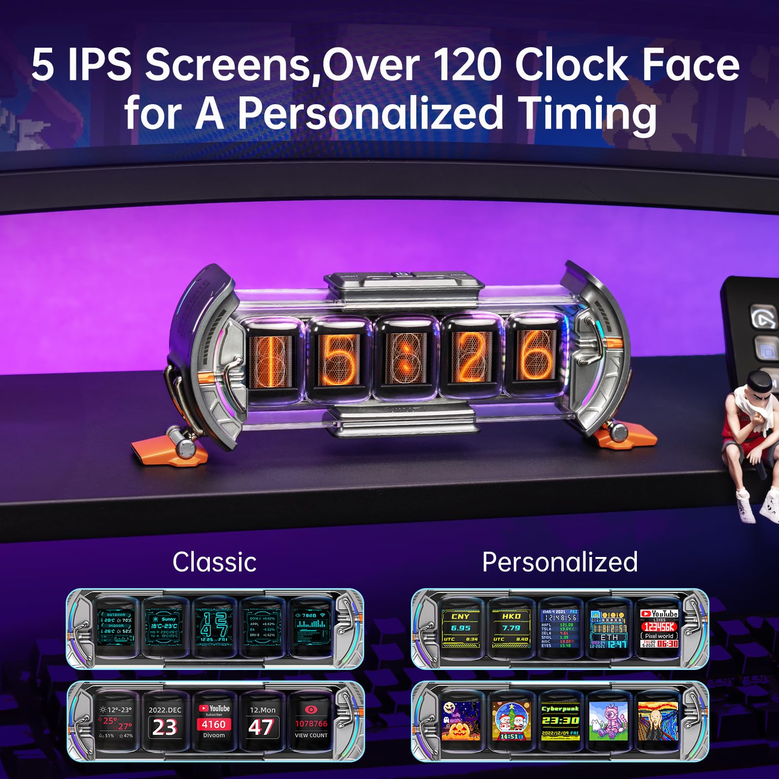Divoom Times Gate Cyberpunk RGB Pixel Display Desk Clock – WiFi Smart Data Dashboard Gaming Decor Silver