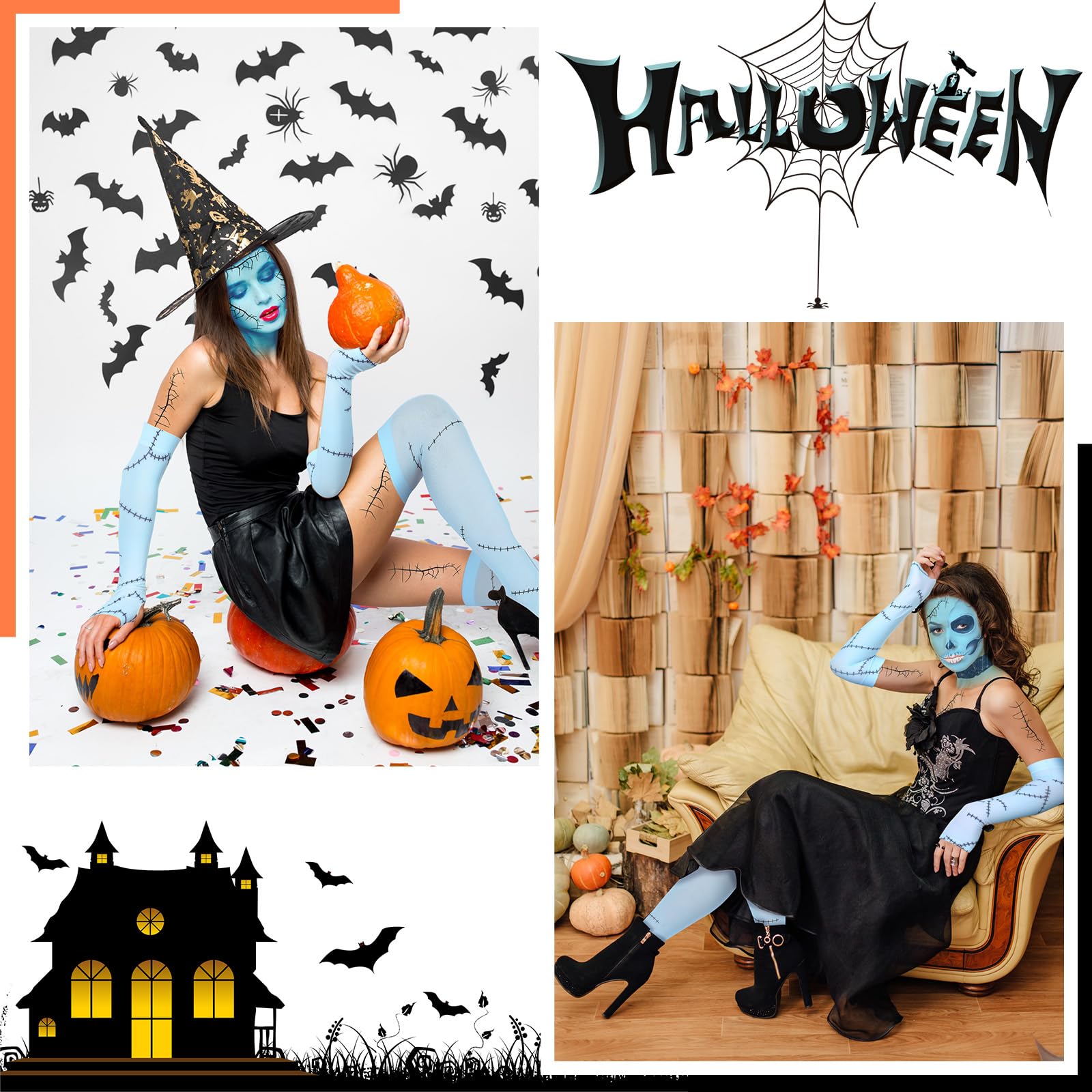 Blue Stitched Halloween Costume Set – Scar Gloves, Stockings, Tattoos & Body Paint 💙🩹