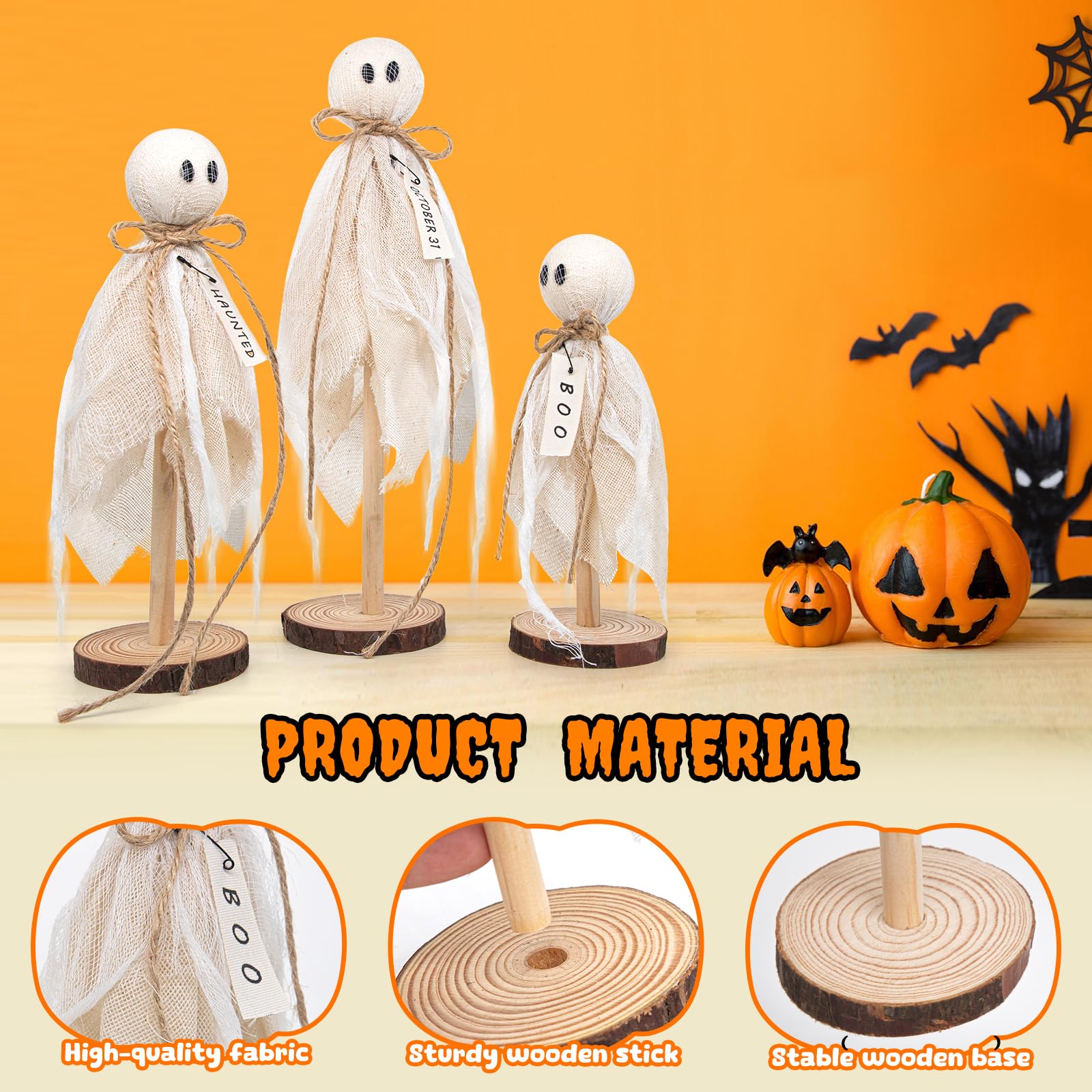 Rustic Wooden Ghost Trio – Farmhouse Halloween Decorations with BOO & Haunted Labels, 3 Sizes