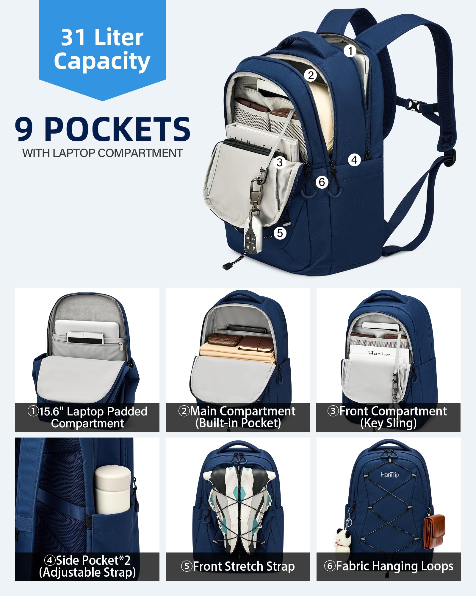 Hantrip Large School & College Backpack with Laptop Compartment, Chest Strap, Water-Resistant Design