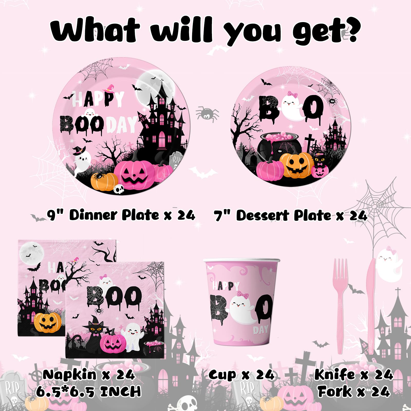 Happy Boo Day Halloween Party Supplies – 144 Pcs Pink Ghost & Pumpkin Plates, Cups, Napkins & Cutlery Set for 24 Guests