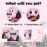 Happy Boo Day Halloween Party Supplies – 144 Pcs Pink Ghost & Pumpkin Plates, Cups, Napkins & Cutlery Set for 24 Guests