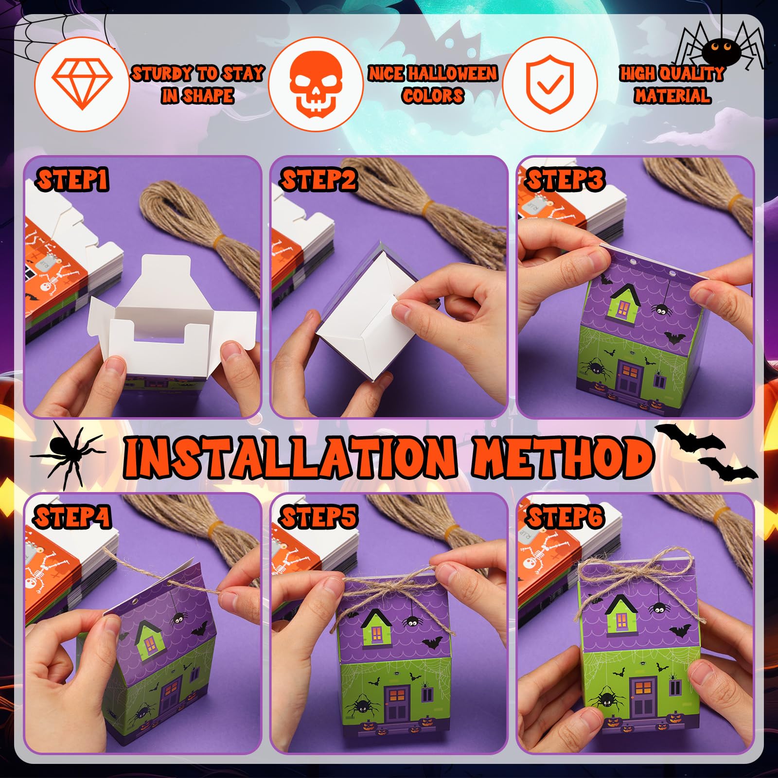 Halloween Mini Gift Boxes – 48-Pack Candy & Treat Boxes with Twine, 4 Festive Designs (Castle & Candy Theme)