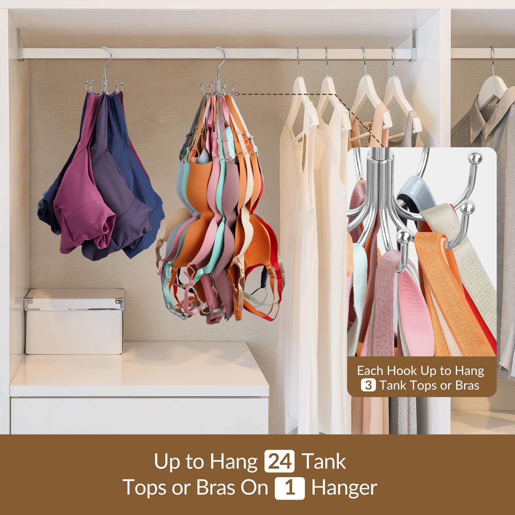 24-Capacity Tank Top & Bra Organizer Hanger – Rotating Metal Closet Hanger (Silver)