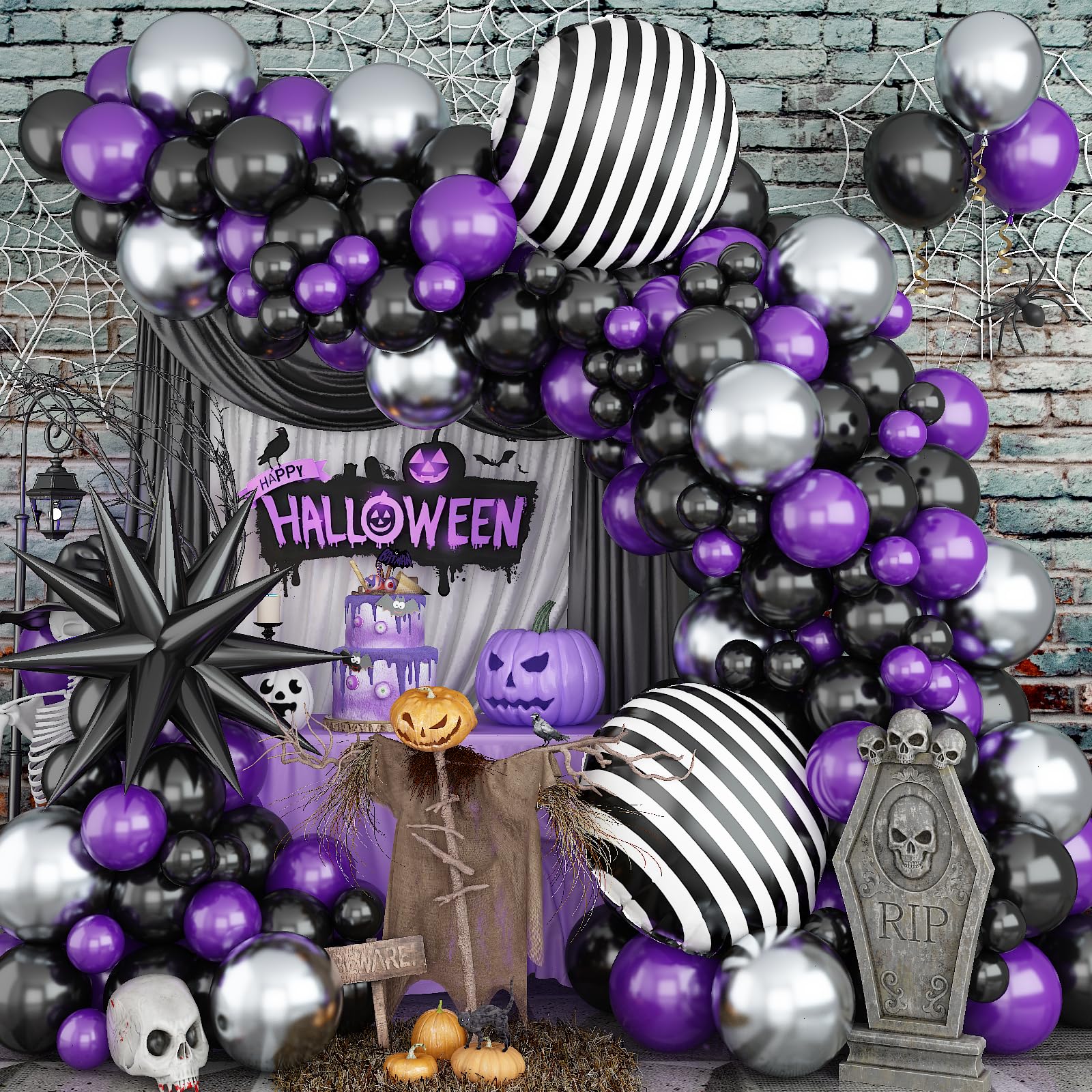 Halloween Balloon Arch Kit – 135 PCS Gothic Garland Set (Purple, Silver & Black Balloons + Starburst Foils)