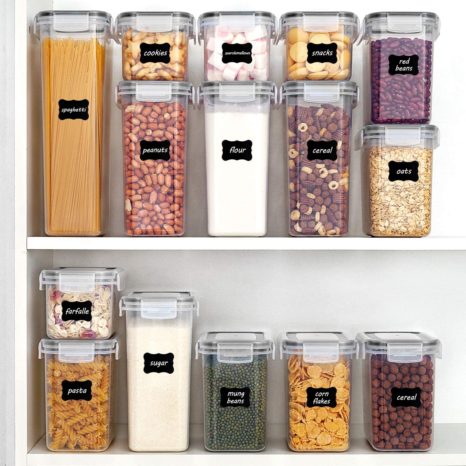 32-Piece Airtight Pantry Storage Containers Set – Stackable BPA-Free Canisters with Reusable Labels (Clear/Black)