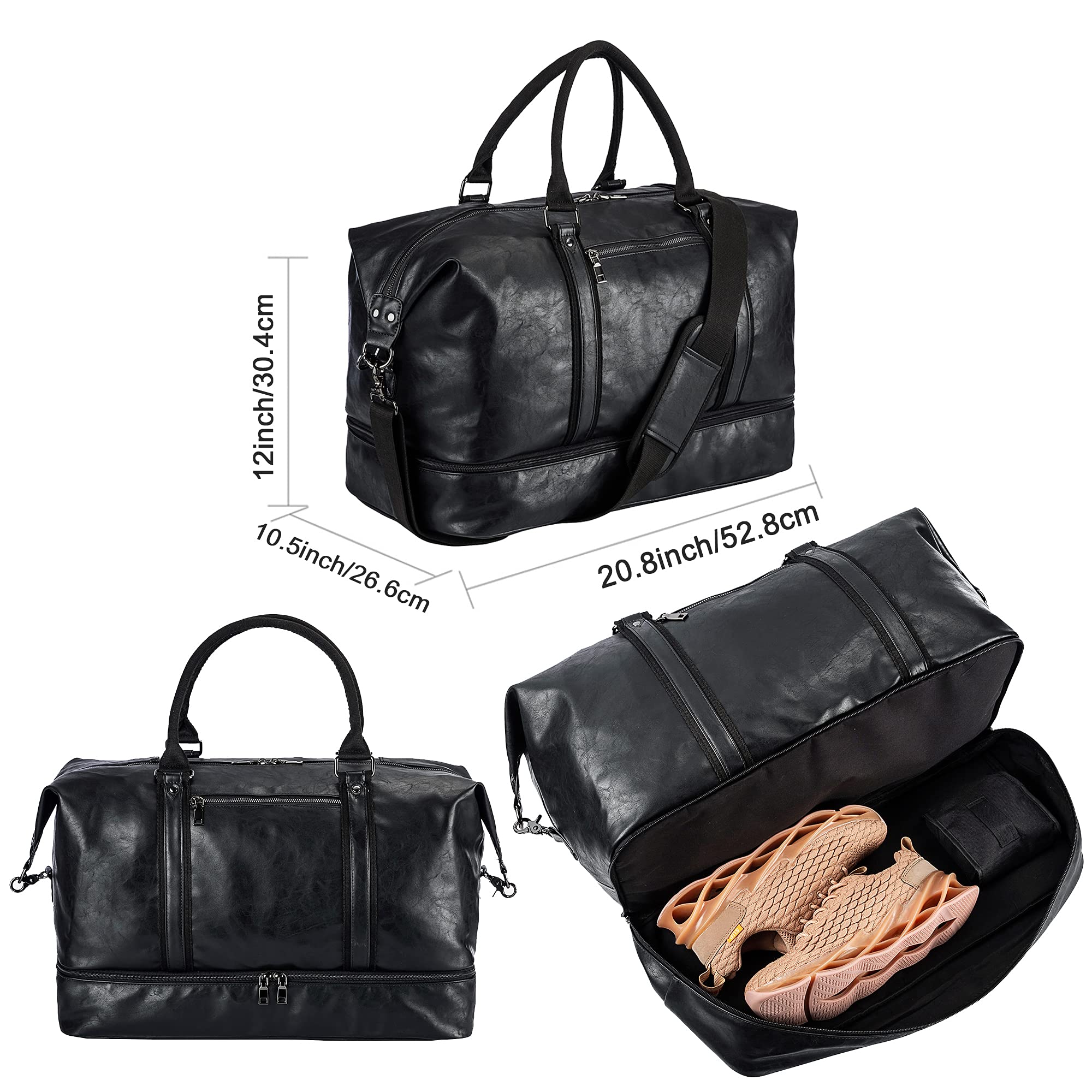 Leather Travel Duffel Bag with Shoe Compartment – Large Waterproof PU Weekender Carry-On Bag (Black)