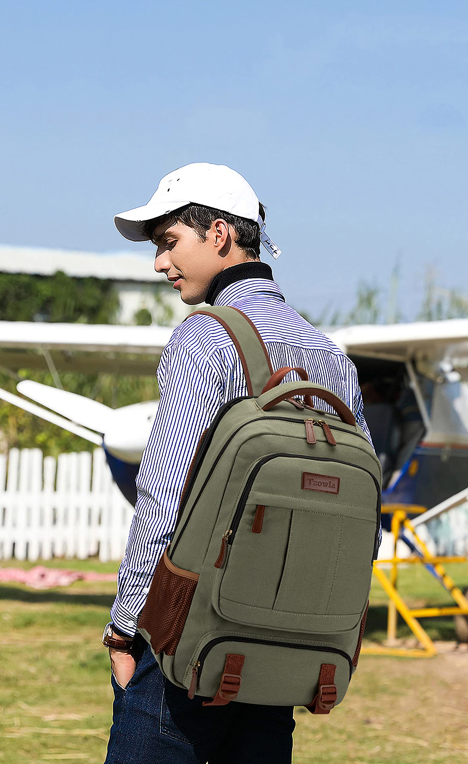 Tzowla Green Canvas Laptop Backpack with USB & Headphone Port – 15.6″ Large Capacity Travel Rucksack