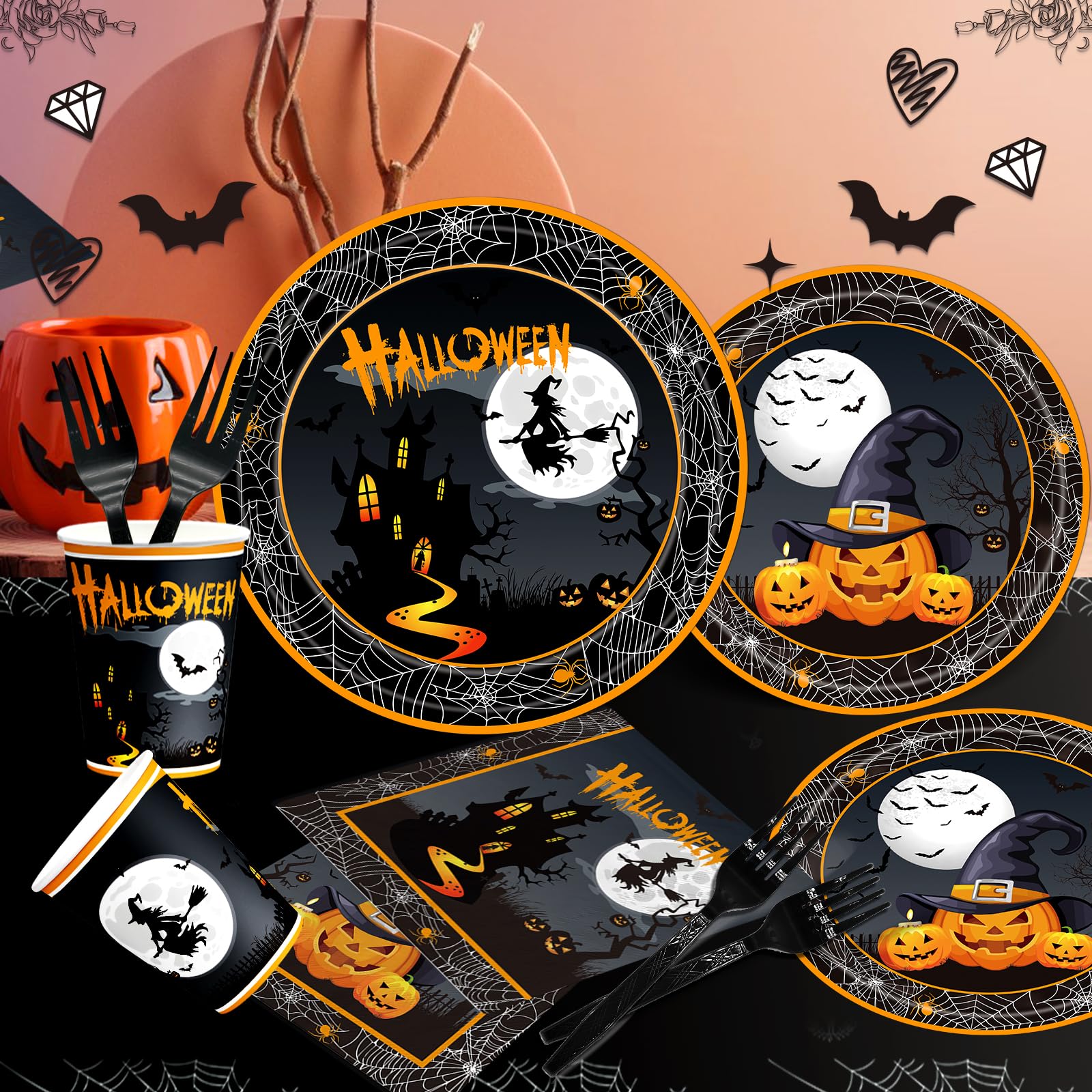 Halloween Party Plates & Tableware Set – 120 Pcs Black Witch, Pumpkin & Castle Design for 24 Guests