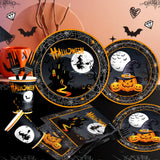 Halloween Party Plates & Tableware Set – 120 Pcs Black Witch, Pumpkin & Castle Design for 24 Guests