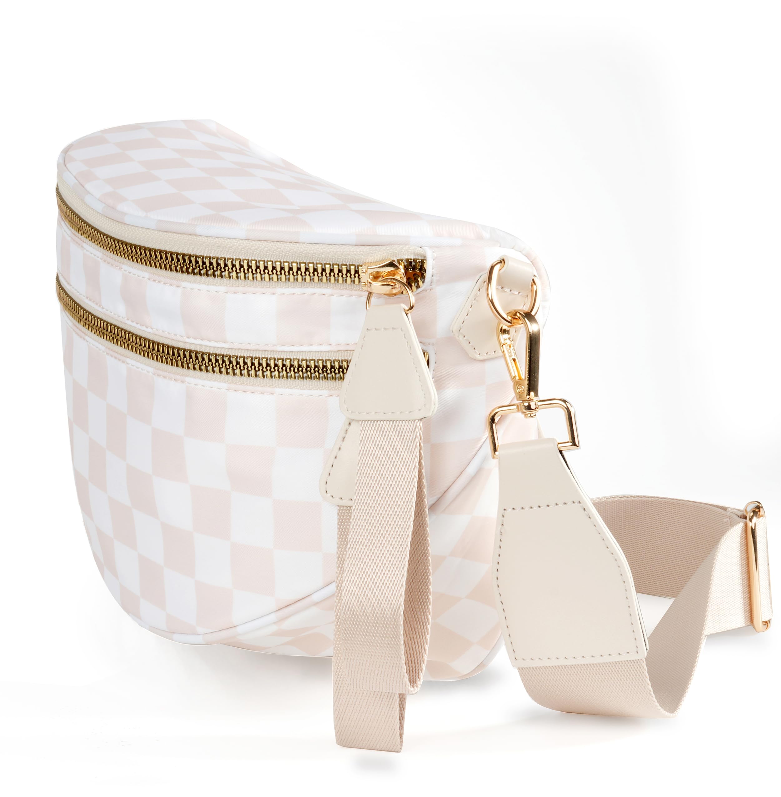 Spacious Checkered Nylon Crossbody Bag – Adjustable Strap Bum Bag for Women (Beige Checkered)