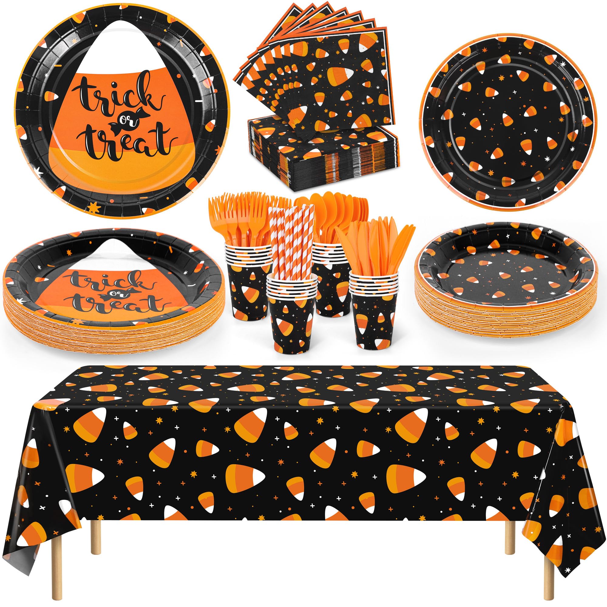 Halloween Candy Corn Party Tableware Set – 193 Pcs Plates, Cups, Napkins & Cutlery for 24 Guests