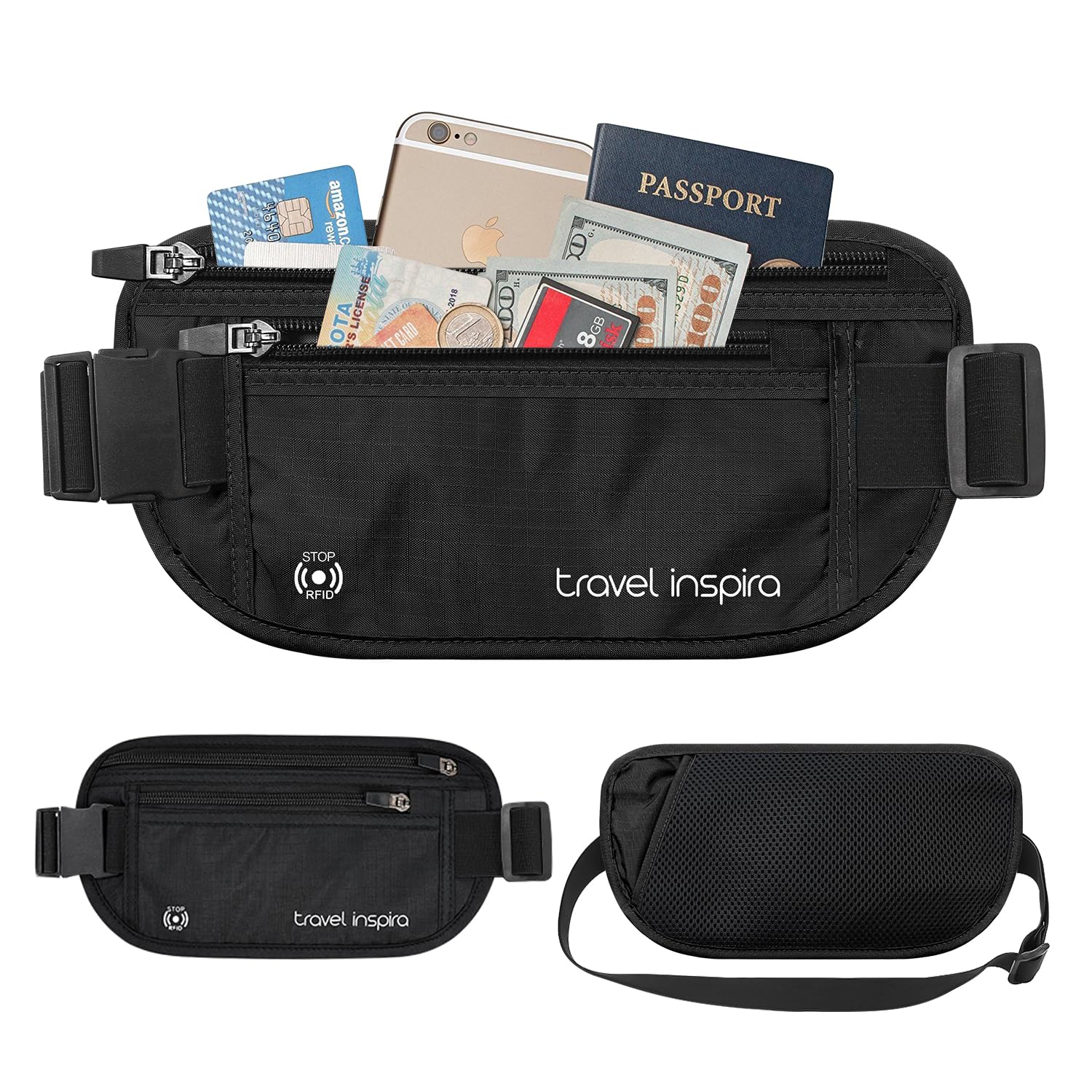 Travel Inspira XL RFID Travel Money Belt – Expanded Anti-Theft Hidden Pouch with Secure Zip (Black)