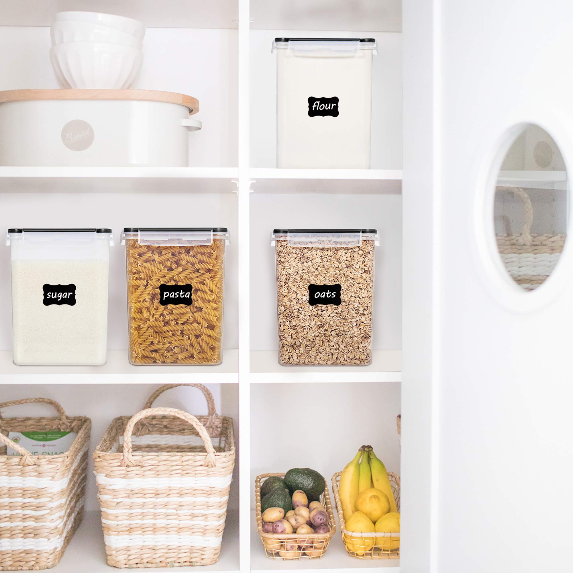 Large Airtight Pantry Storage Containers Set – 4 BPA-Free Canisters with Measuring Cups & Chalkboard Labels (Black)