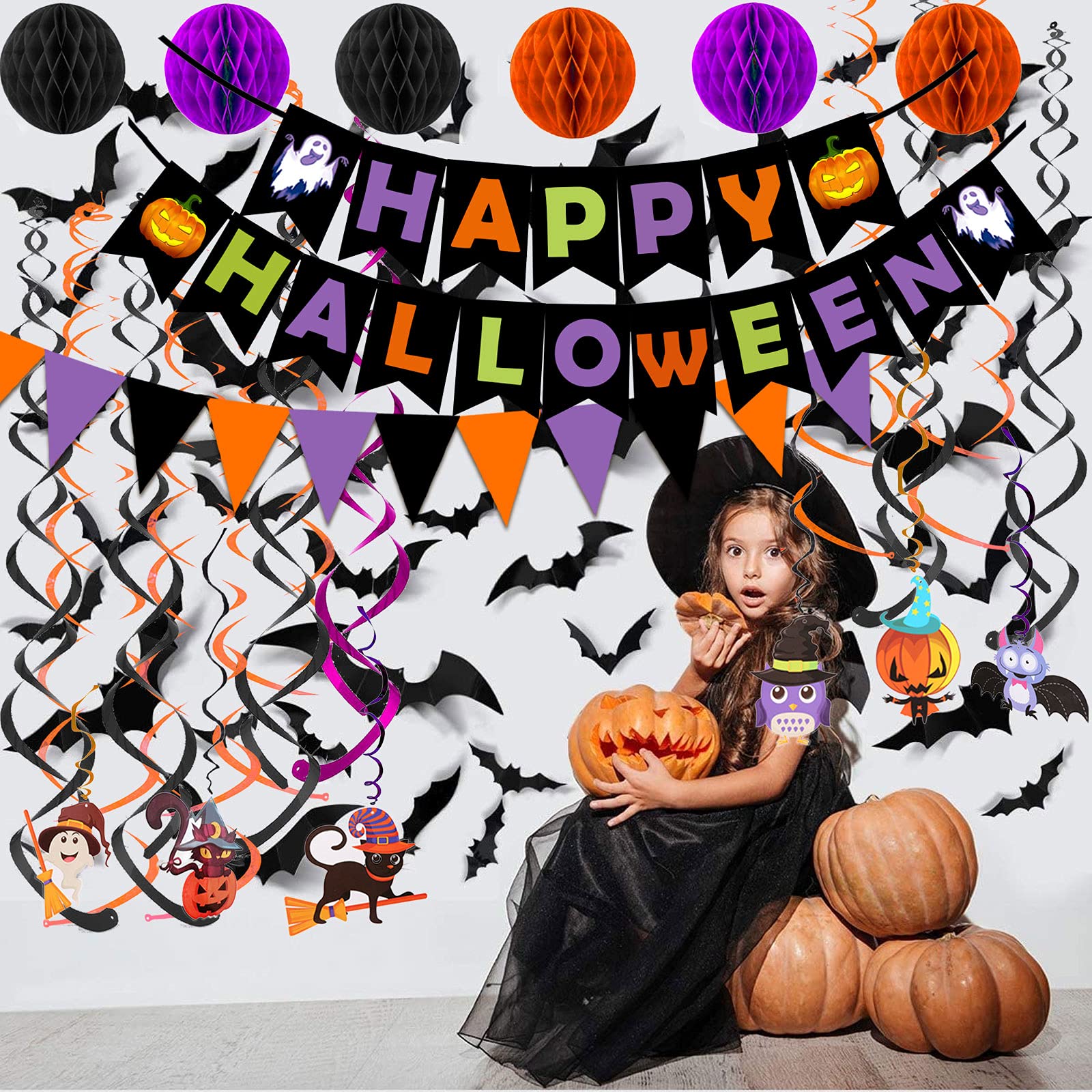 Halloween Party Decoration Set – Black, Orange & Purple Paper Banner Kit with Honeycomb Balls, Swirls & Garland