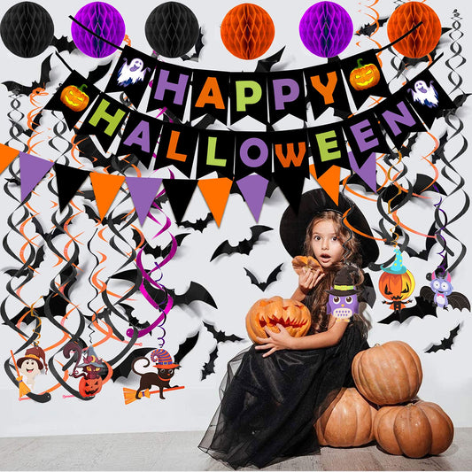 Halloween Party Decoration Set – Black, Orange & Purple Paper Banner Kit with Honeycomb Balls, Swirls & Garland