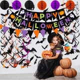 Halloween Party Decoration Set – Black, Orange & Purple Paper Banner Kit with Honeycomb Balls, Swirls & Garland