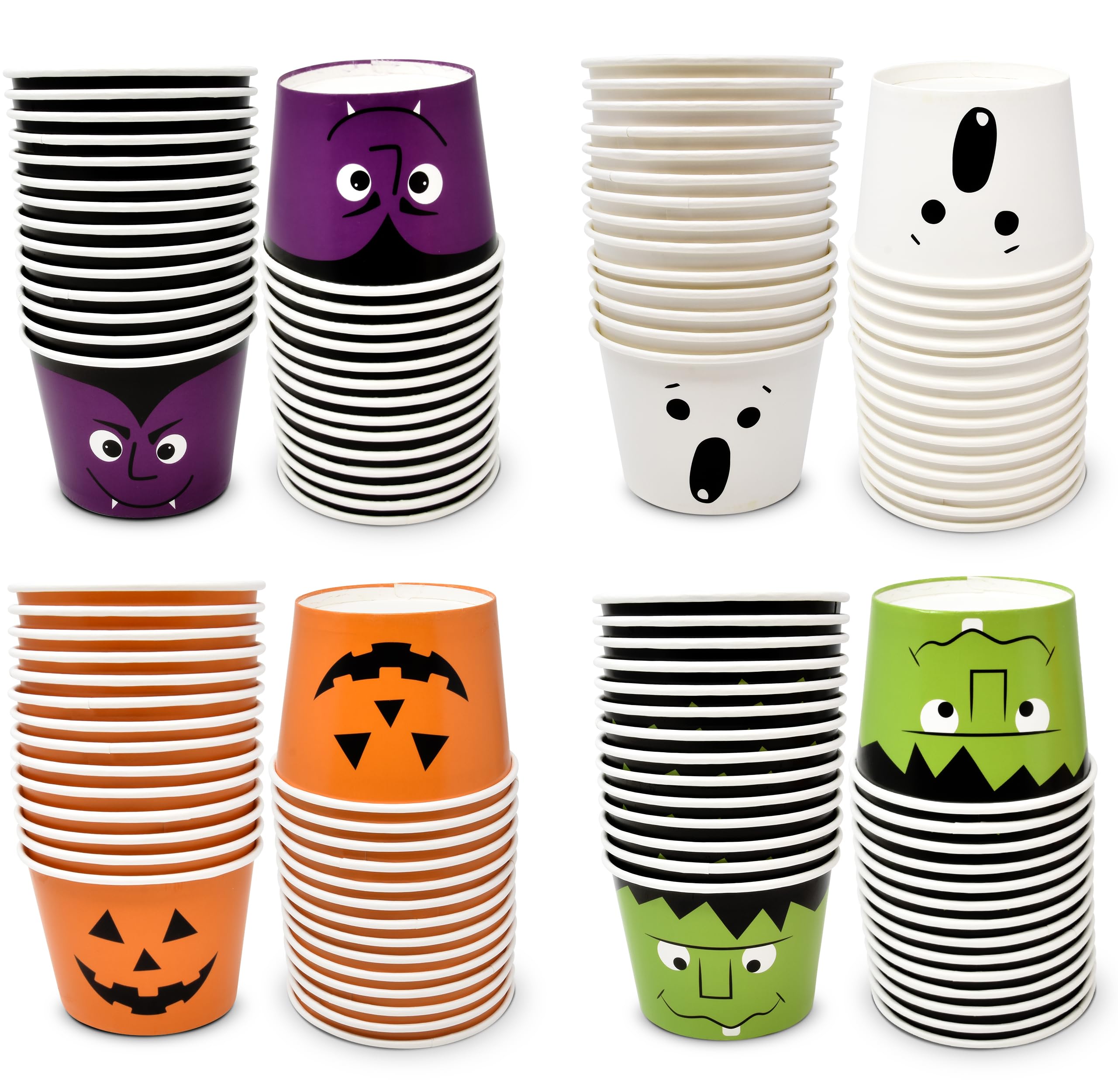 Halloween Snack Cups – 60 Pack Dessert Treat Cups with Pumpkin, Ghost, Frankenstein & Vampire Designs (10oz, Multicolor)