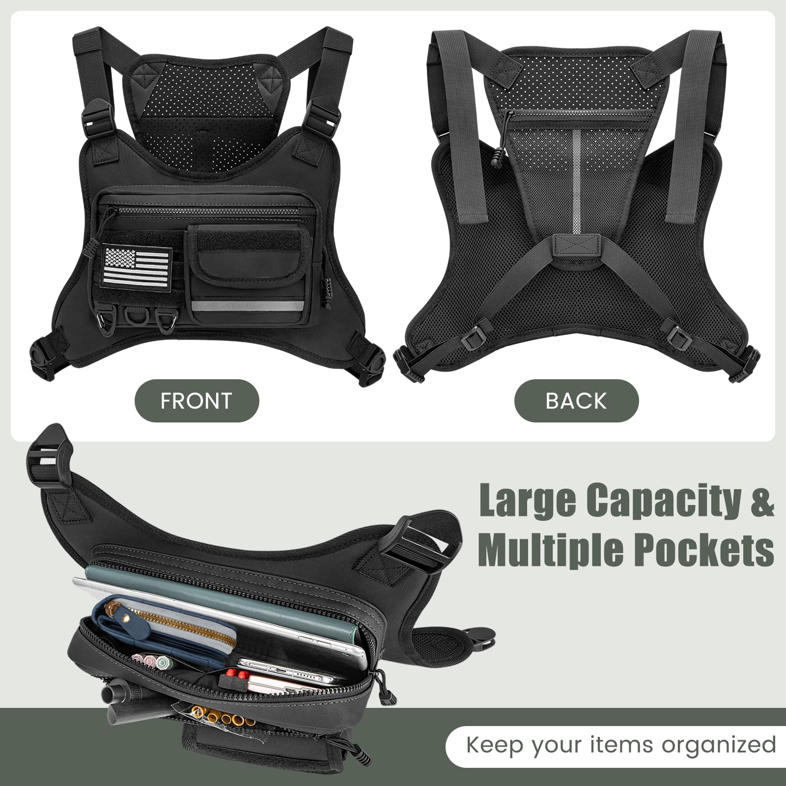 OCKLILY Running Chest Bag – Adjustable Water-Resistant Vest Pack for Cycling, Hiking & Outdoor Workouts (Black)