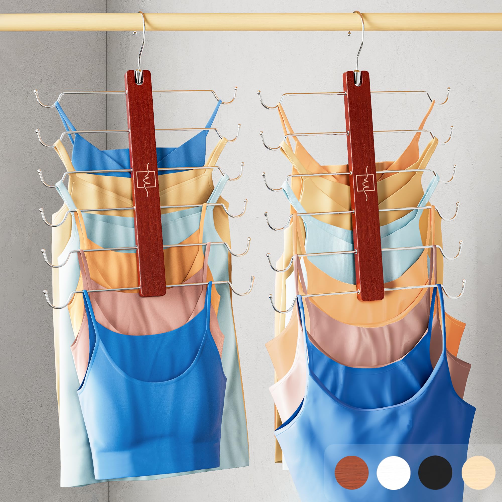 MORALVE Beechwood Tank Top & Bra Hangers 2-Pack – 6-Tier Space-Saving Closet Organizer with 360° Swivel Hook (Mahogany)