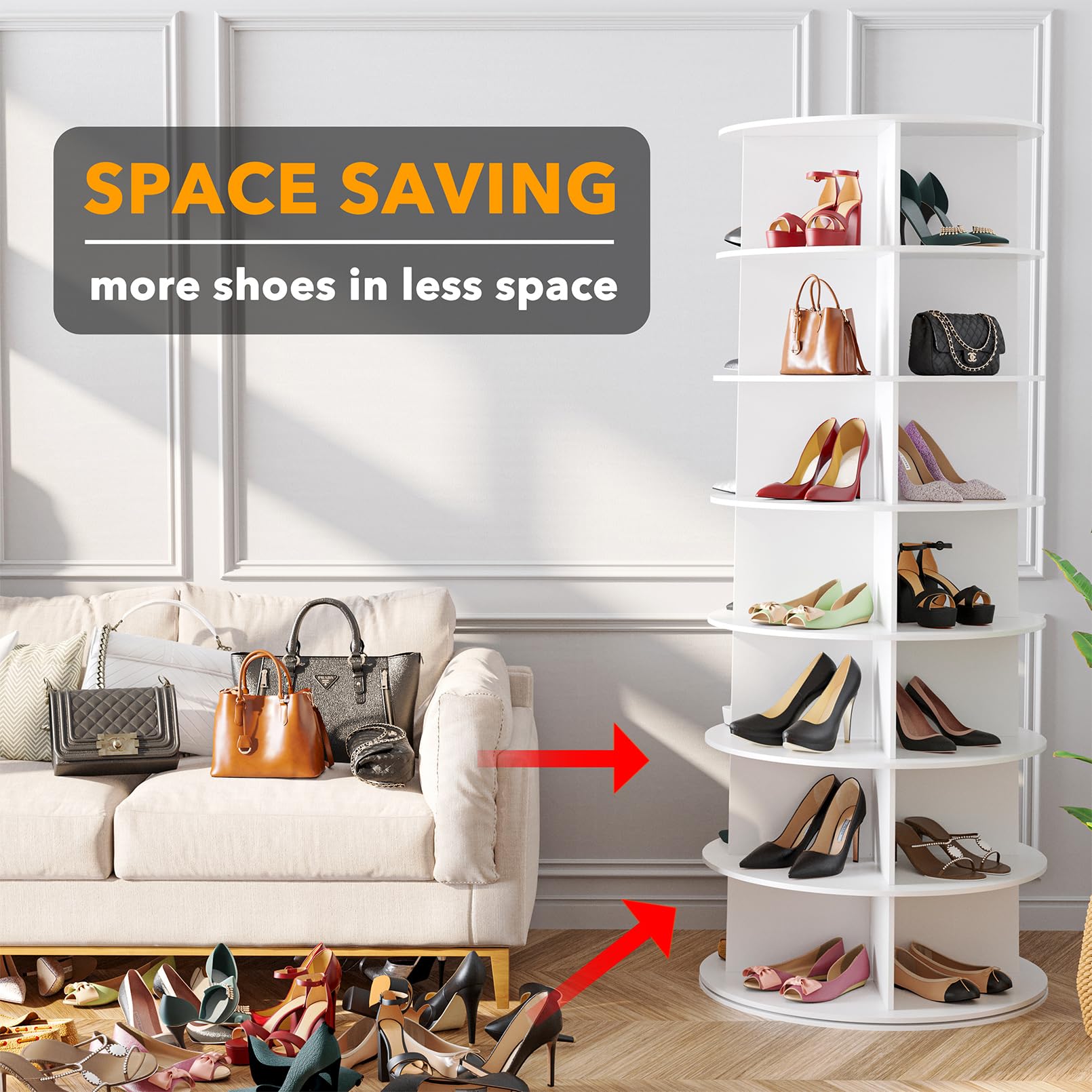 7-Tier Rotating Shoe Rack Tower – 360° Spinning Vertical Shoe & Handbag Organizer for Closets