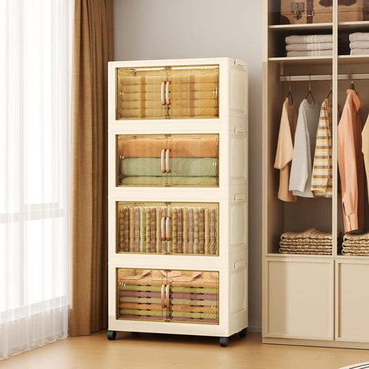 4-Tier Stackable Storage Bins with Wheels, Locking Doors & Lids – Large Mobile Organizer for Home & Office