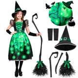 Green Light-Up Witch Costume for Girls – LED Halloween Dress Set with Hat, Broom & Accessories