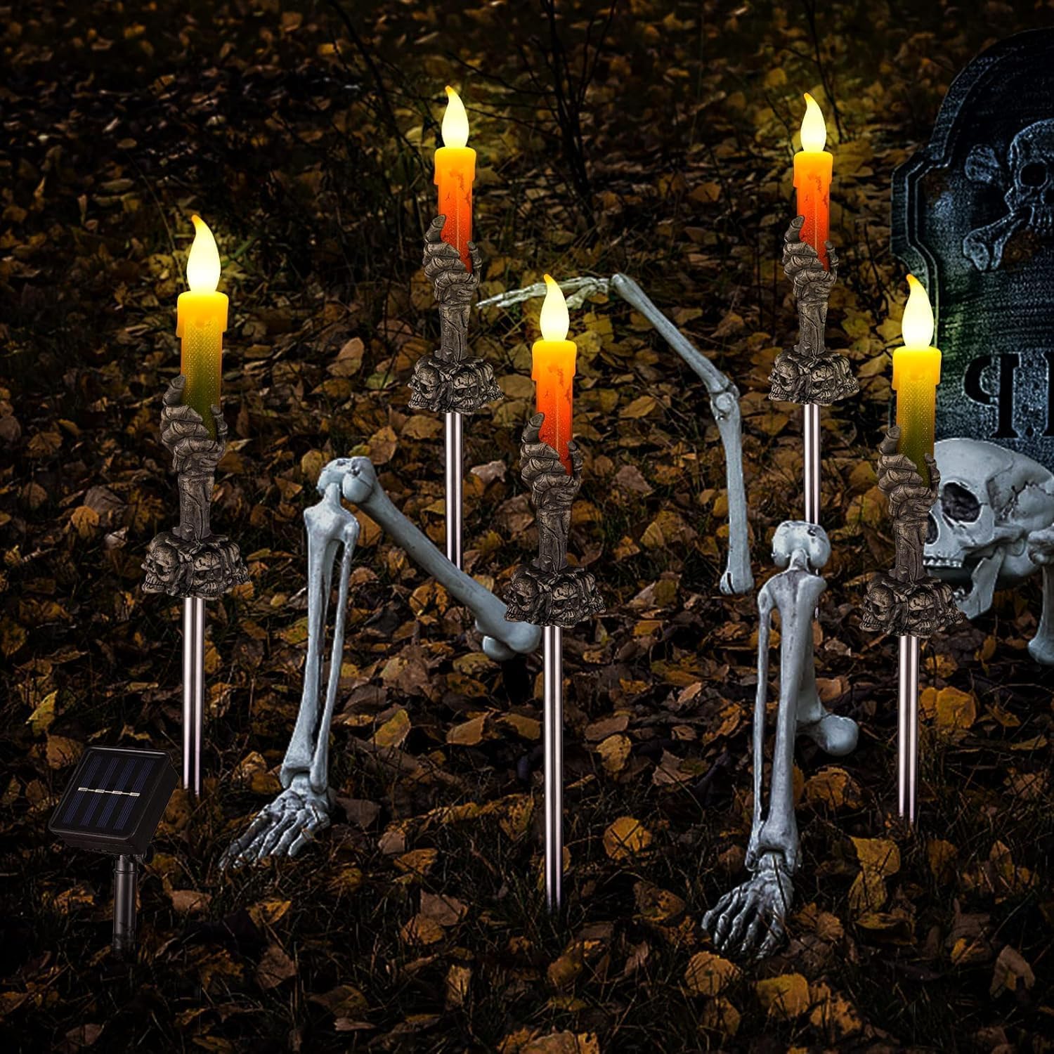 Solar Skull Hand Pathway Lights – 5 Pack Outdoor Halloween Decorations with Waterproof Design & Auto On/Off (Black)