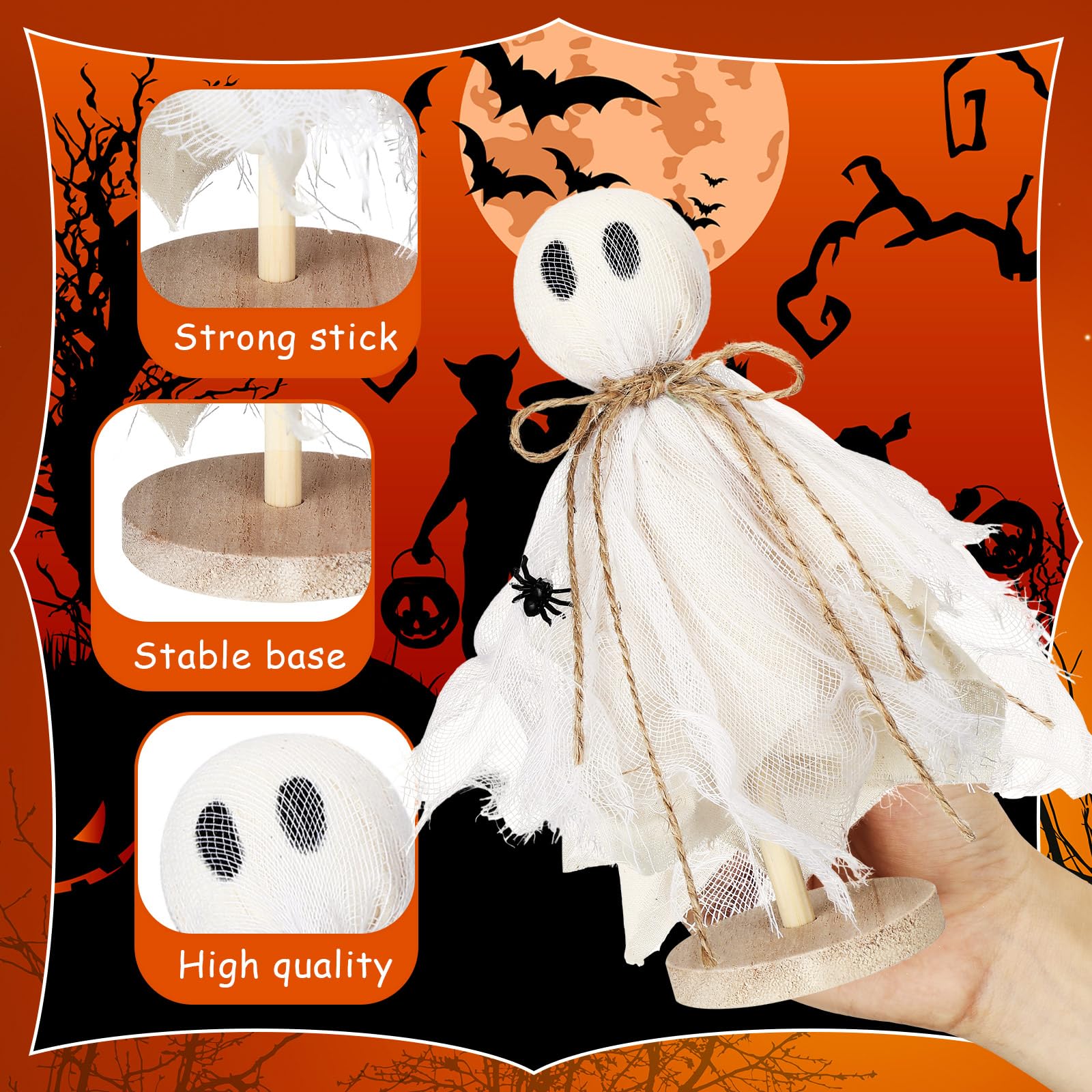 Set of 3 Wooden Ghost Shelf Sitters – Rustic Halloween Fabric Ghost Decorations for Table, Mantel & Tiered Tray
