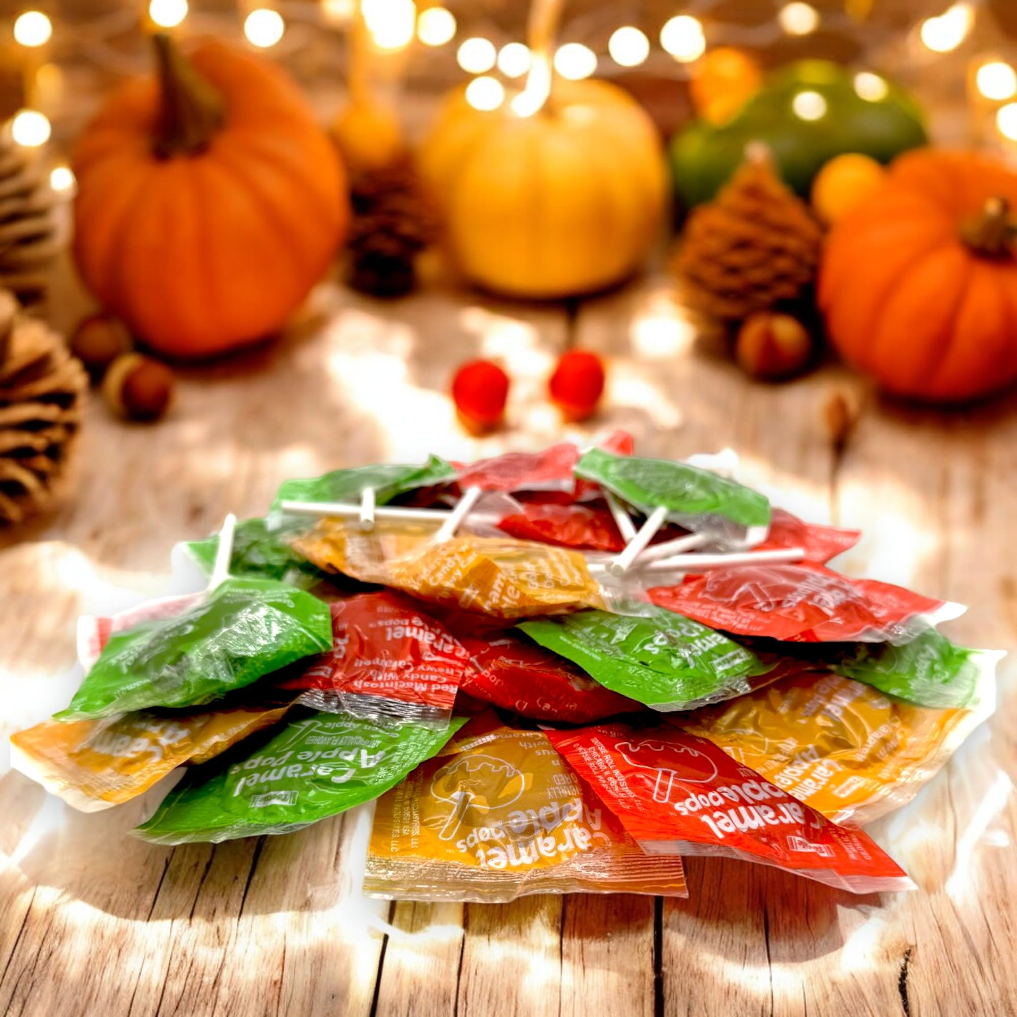 Caramel Apple Pops Variety Pack – Assorted Green Apple, Golden Delicious & Red Macintosh Flavors – Individually Wrapped Halloween Lollipops