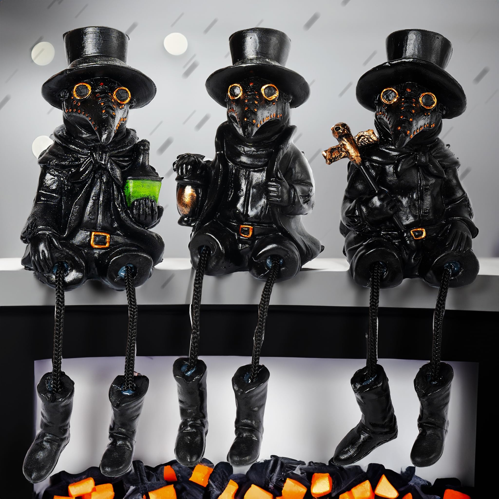 Vintage Plague Doctor Figurines (Set of 3) – Resin Halloween Shelf Sitters with Dangling Legs