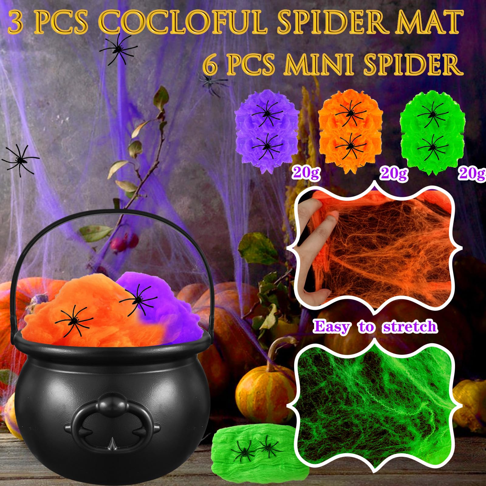 Black Witch Cauldron with Spider Webs – Halloween Candy Bowl & Decoration Set (1 Cauldron + 3 Web Packs, Green/Orange/Purple)