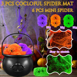 Black Witch Cauldron with Spider Webs – Halloween Candy Bowl & Decoration Set (1 Cauldron + 3 Web Packs, Green/Orange/Purple)