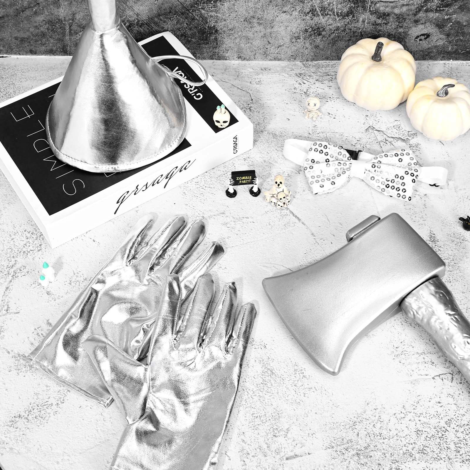 Tin Man Costume Accessory Set – Silver Funnel Hat, Axe, Gloves & Heart Patch 🌪️❤️✨