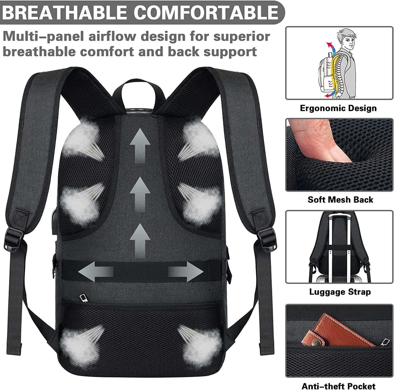 AMBOR Anti-Theft Travel Laptop Backpack – Water-Resistant Business Work Backpack with USB Charging Port, Fits up to 17.3” Laptops (Black)