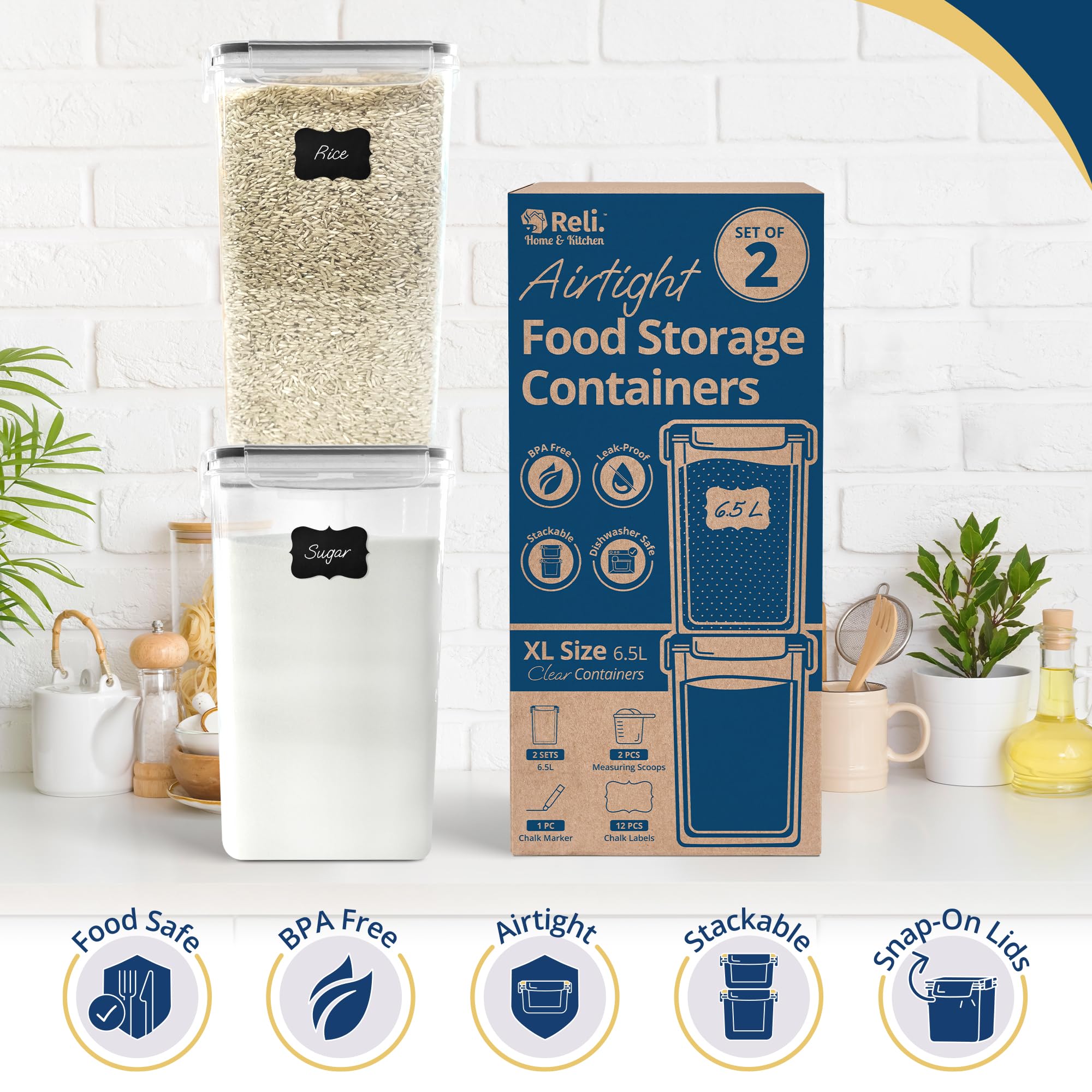 XL 6.5L Airtight Food Storage Containers (2-Pack) – BPA-Free Leak-Proof Stackable Pantry Canisters with Labels