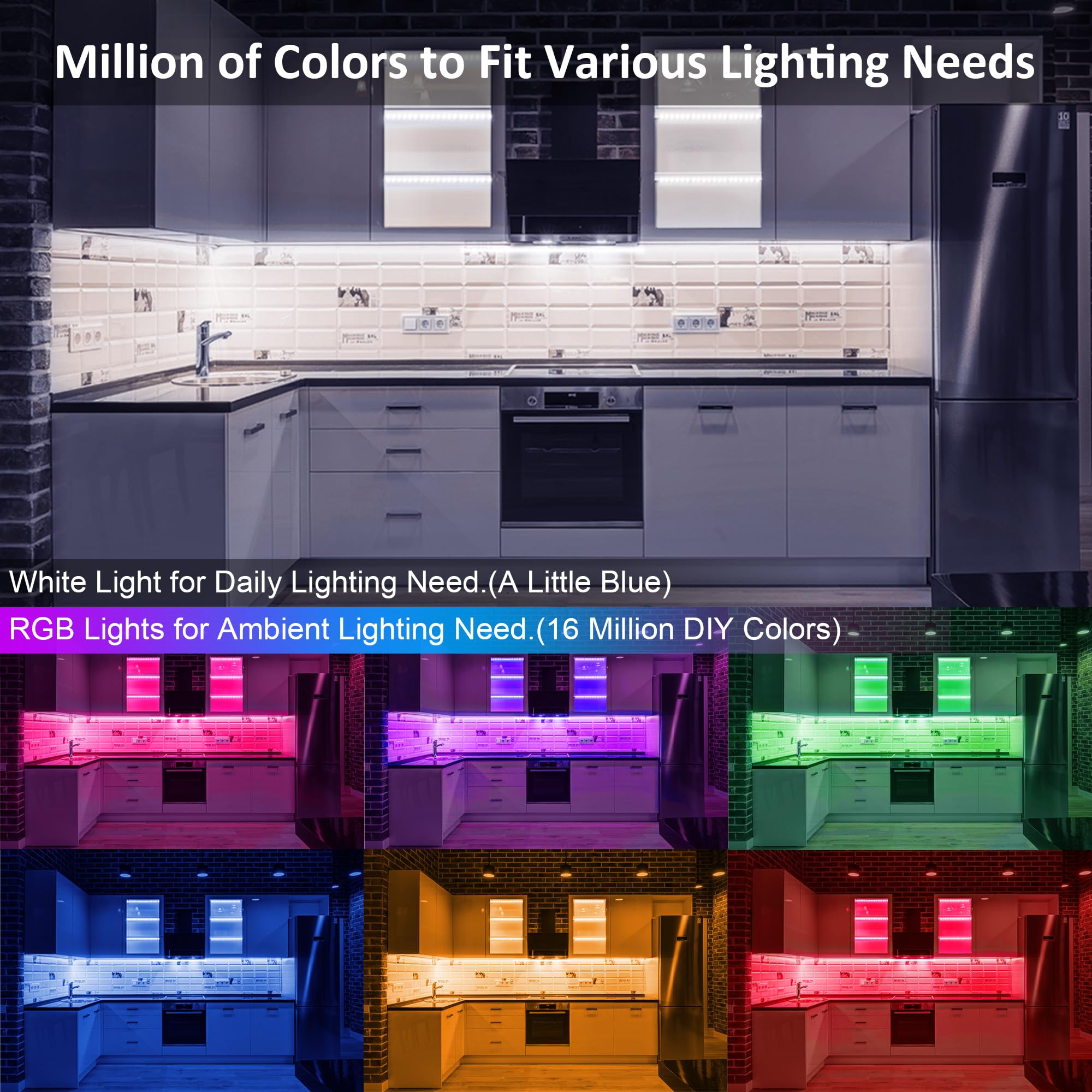 RGB Under Cabinet Lights with App & 40-Key Remote – 16 Million Colors, Music Sync & Dimmable White (Multicolor)