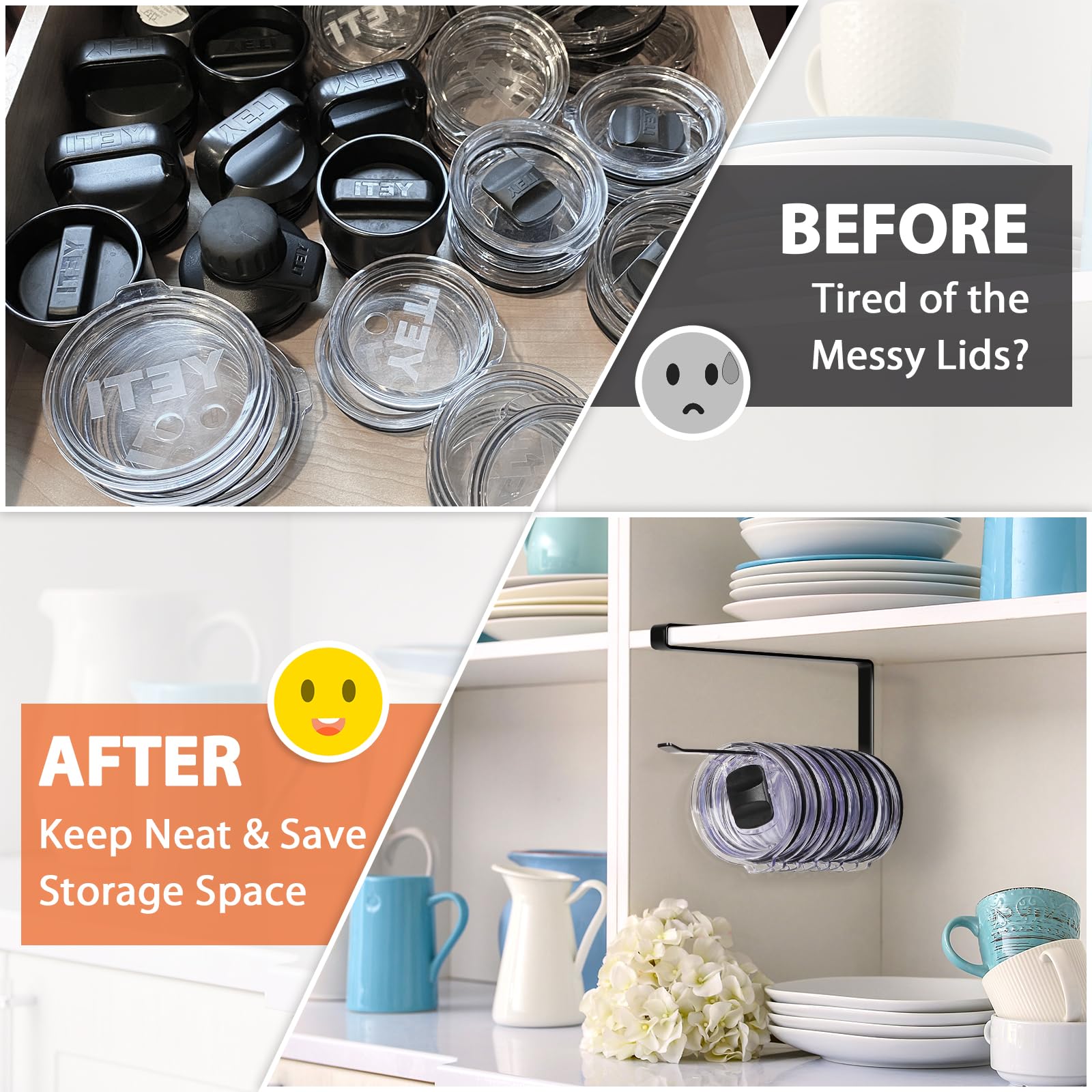 Under Cabinet Tumbler Lid Holder – No-Drill Hanging Organizer for Lids, Paper Rolls & Kitchen Accessories