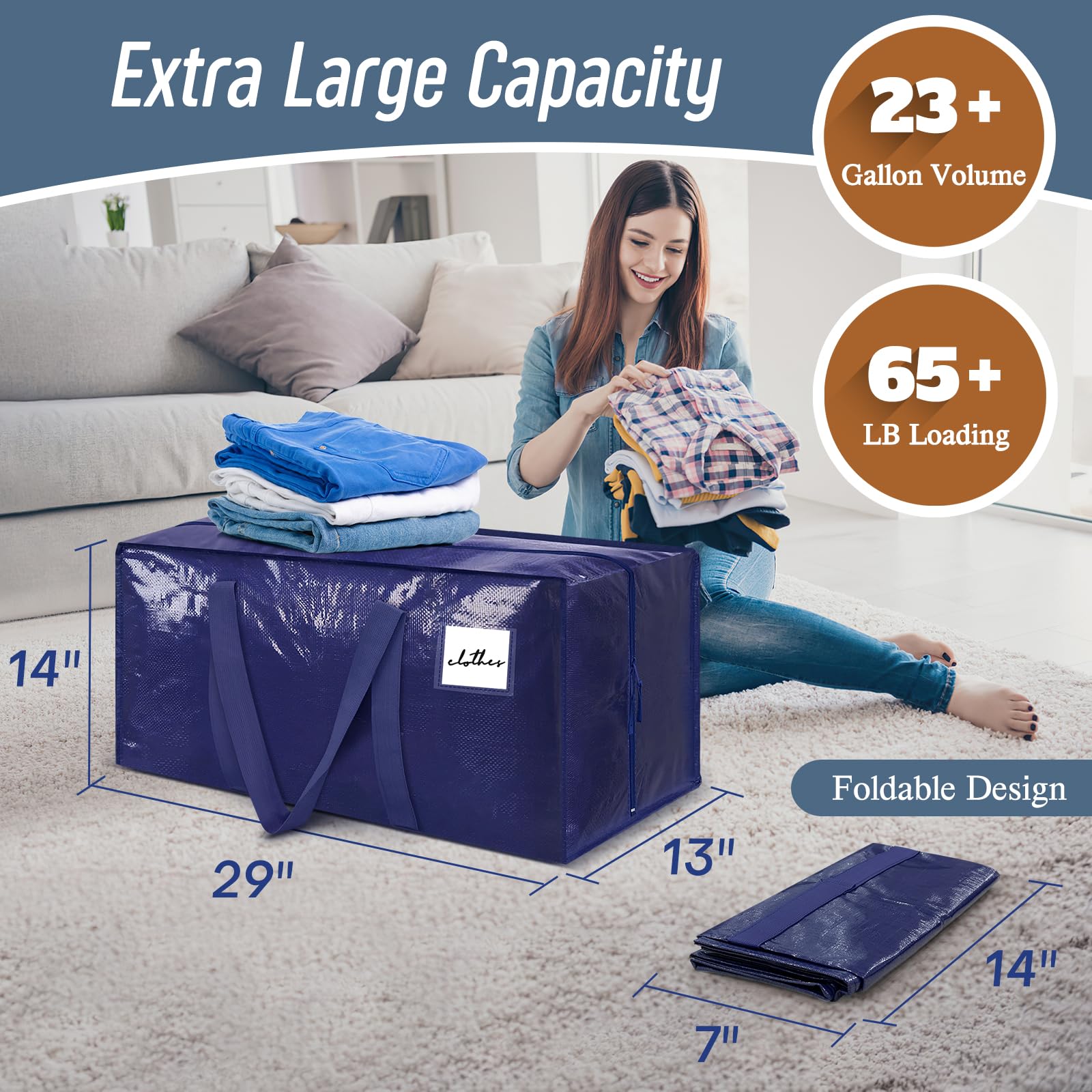 Extra Heavy-Duty Large Moving Bags (6-Pack) – 23+ Gallon Storage Totes with Strong Zippers & Comfortable Handles, Dark Blue