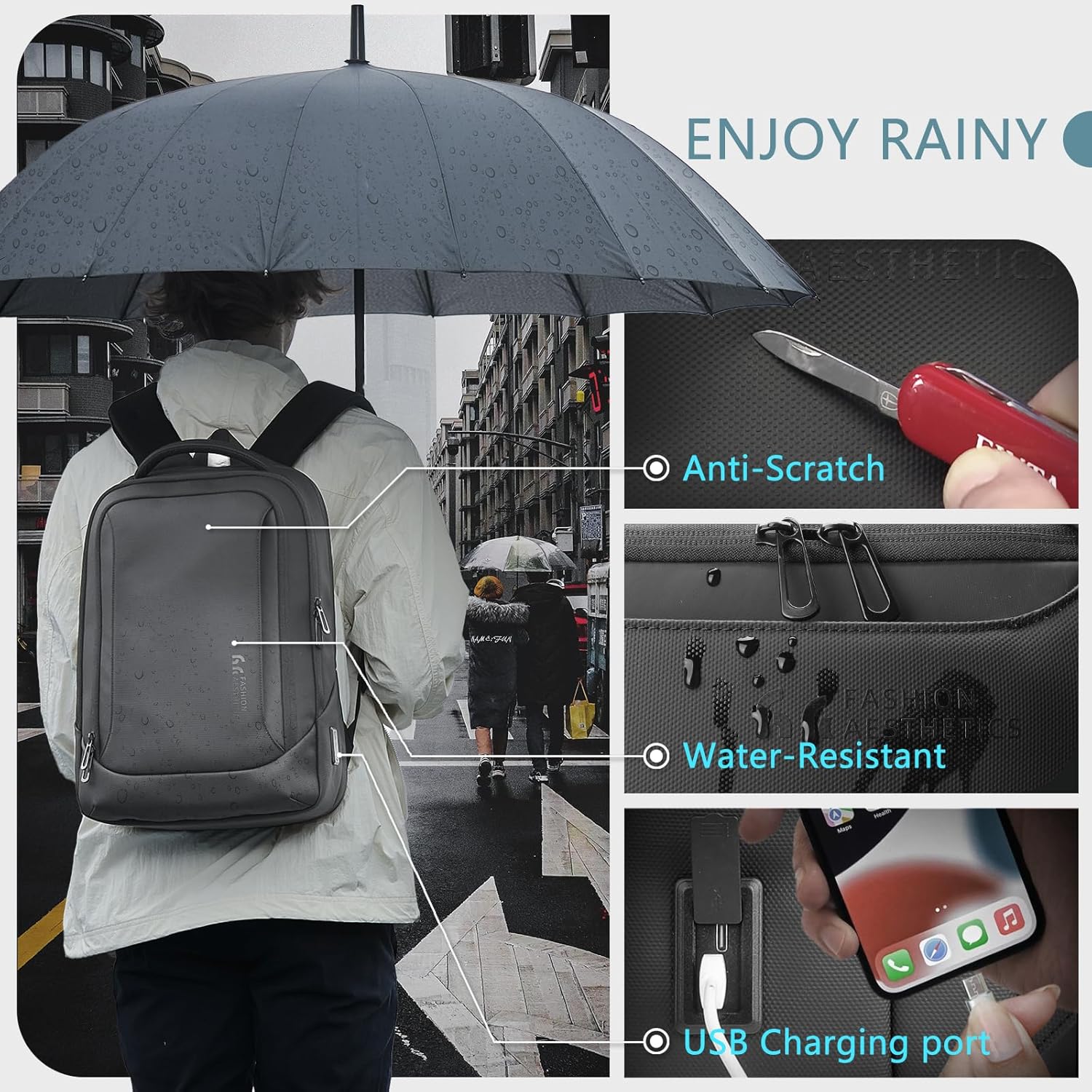 15.6" Laptop Backpack with USB Charging Port - Waterproof Business Travel & Work Daypack