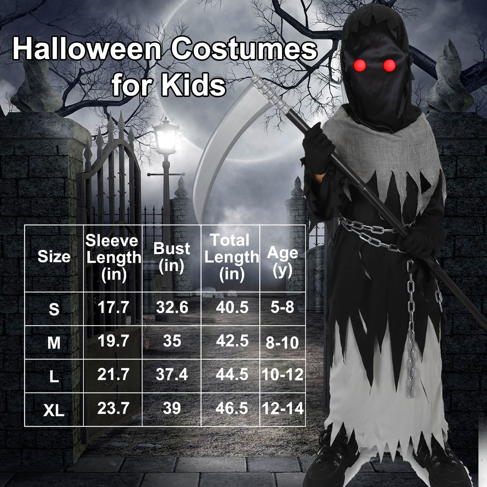 Kids Grim Reaper Halloween Costume – Glowing Red Eyes, Hooded Robe & Scythe Set ☠️👁️