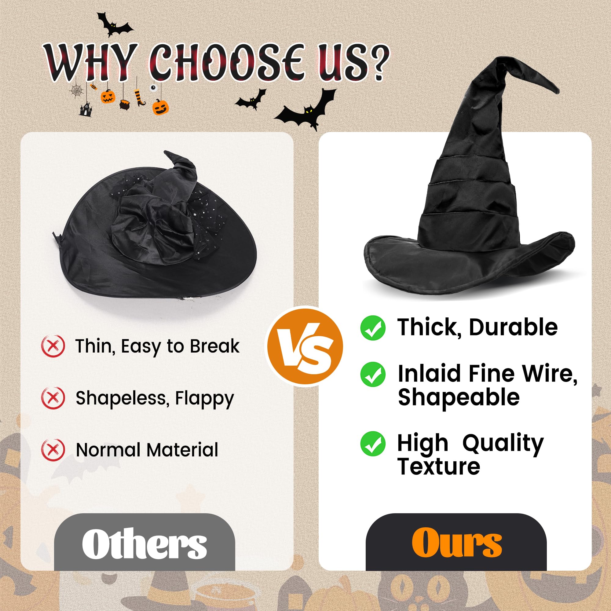 Bendable Witch Hat for Women – Adjustable Wire Brim & Cone | Premium Matte Satin Halloween Hat